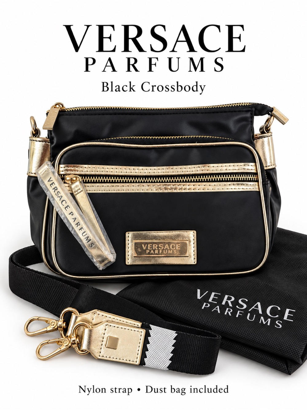 Versace Parfums Black Gold Crossbody Bag Nylon Strap & Dust Bag GWP NWOT